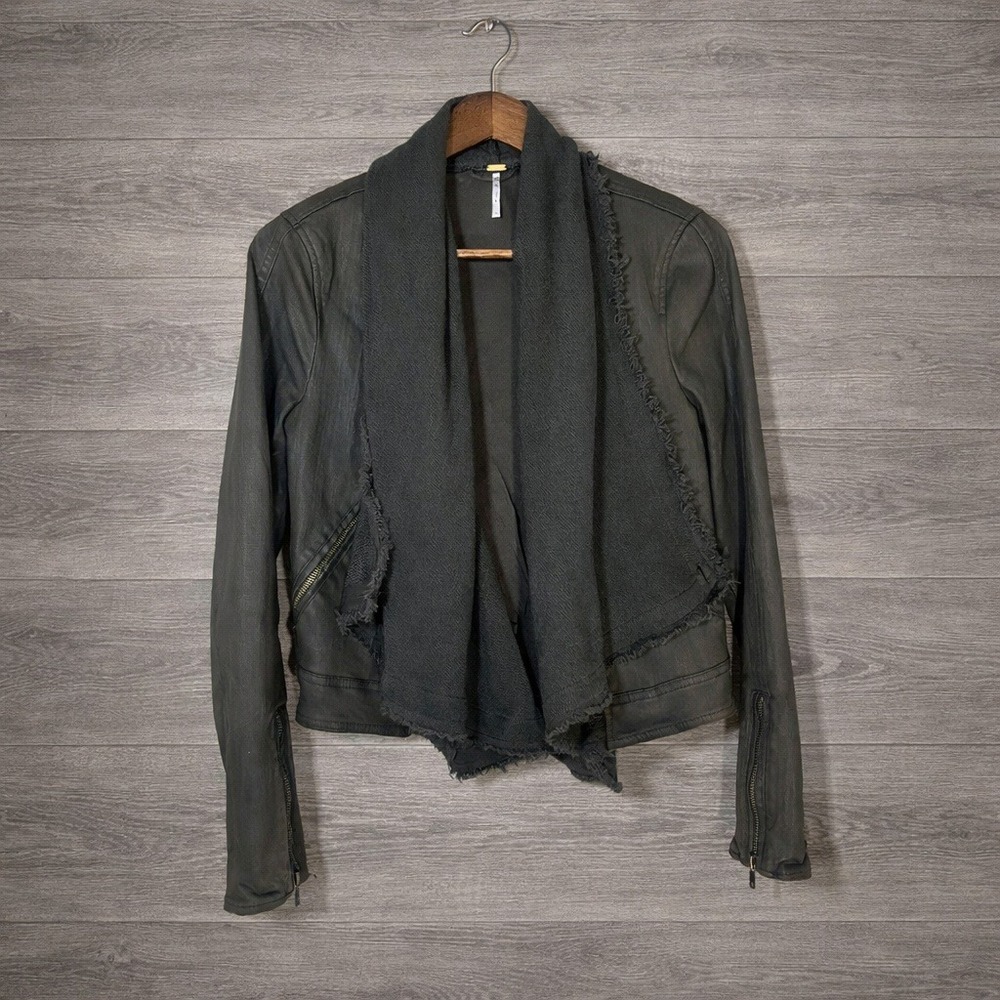 Free People Drape Front Moto Cardi Jacket Womens 4 Army Green Distressed Zip